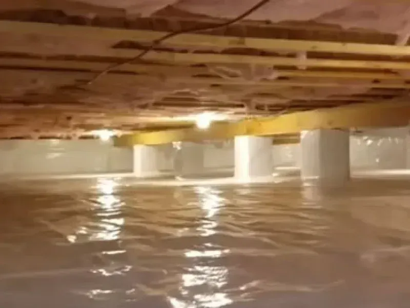 A crawl space featuring a white vapor barrier on the ground, support piers, and insulated floor joists above.