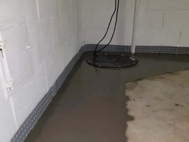 A basement floor corner with a sump pump pit covered by standing water, adjacent to a perimeter drainage system.