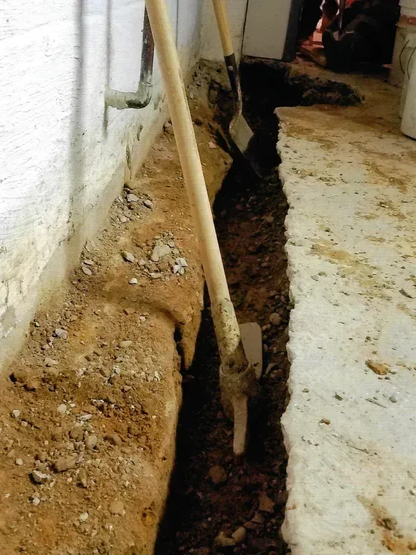 A shovel resting in a trench dug along a white concrete basement wall, revealing dirt foundation beneath a broken floor.