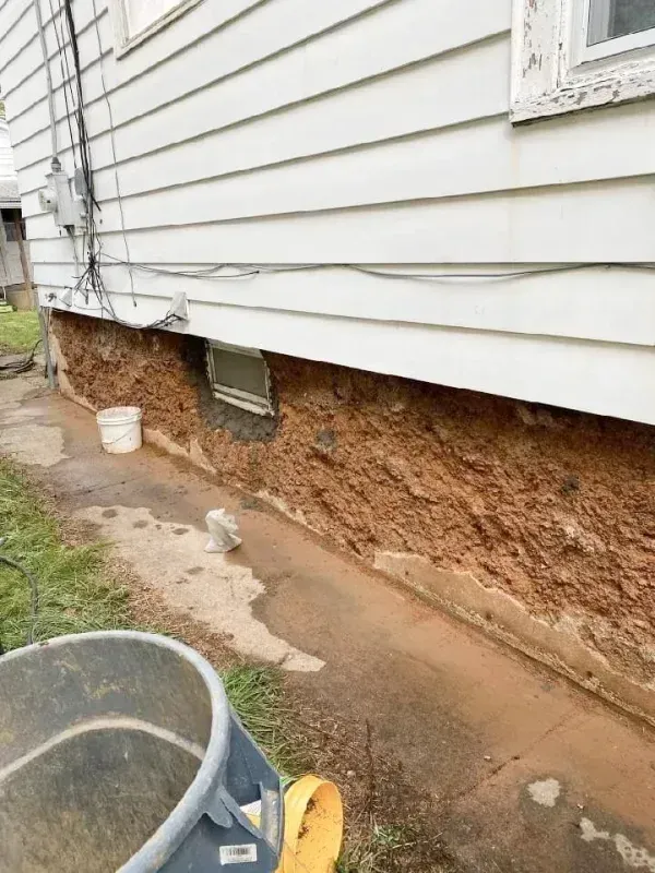 A white-sided house exterior with an exposed, textured, brown stone foundation and a small basement window above a patio.