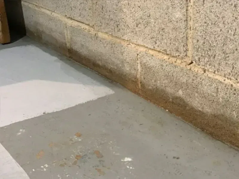 A close-up of a concrete basement floor meeting a block wall with a dark, damp water stain along the base.