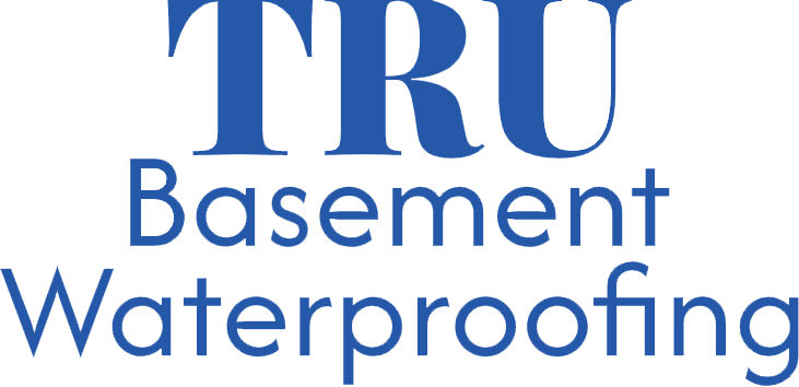 Blue logo for TRU Basement Waterproofing with the word "TRU" in large, bold letters over the text "Basement Waterproofing."
