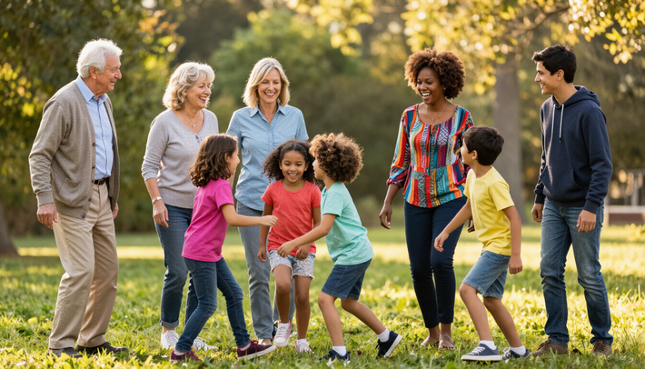 Small group chatting and playing in a sunny park, with children and adults standing on grass.