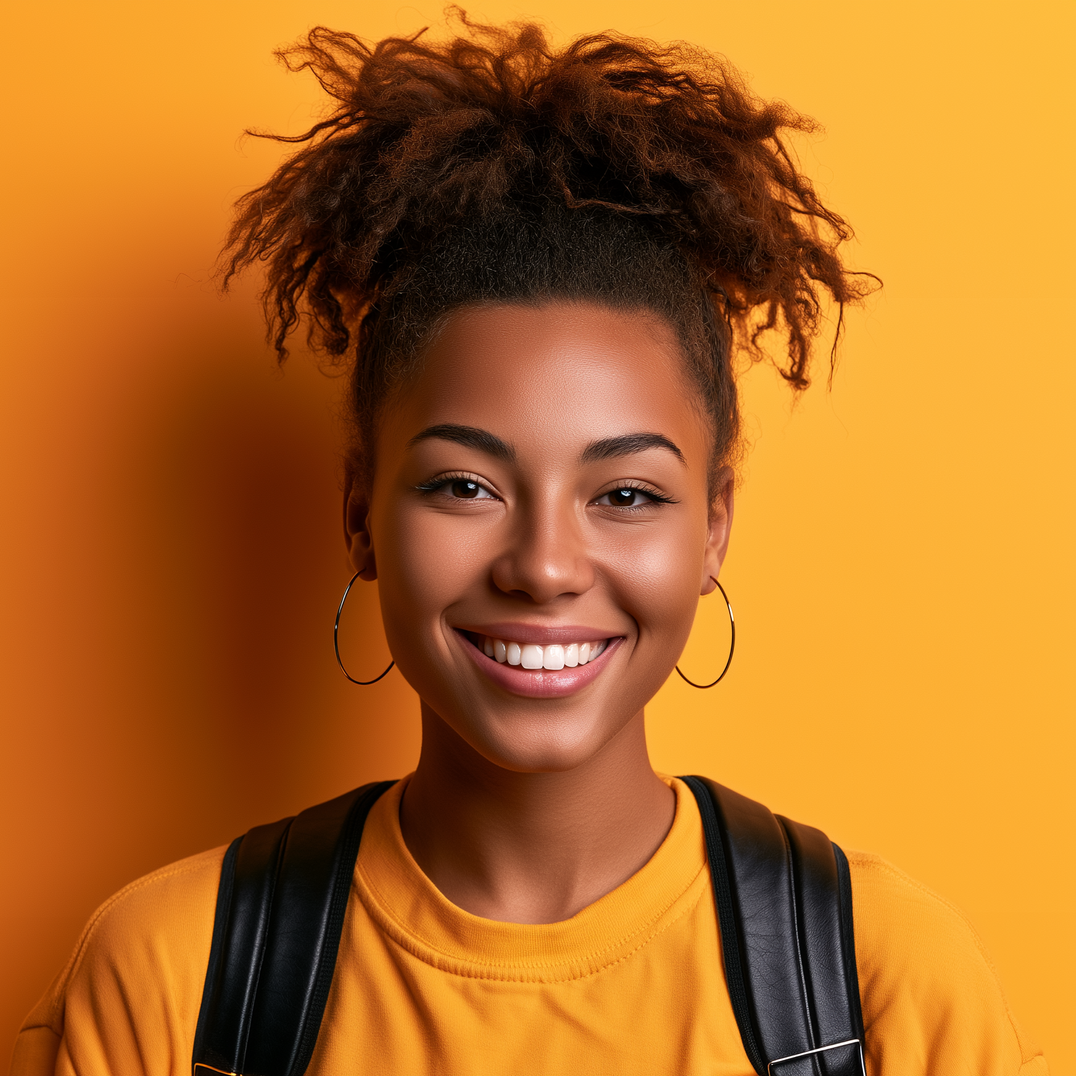 Smiling person with curly hair in a yellow shirt and black backpack against an orange background