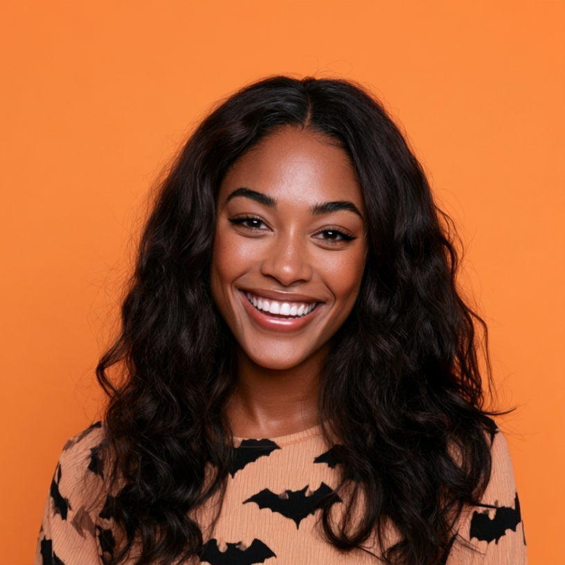 Smiling woman in a bat-pattern sweater against an orange background