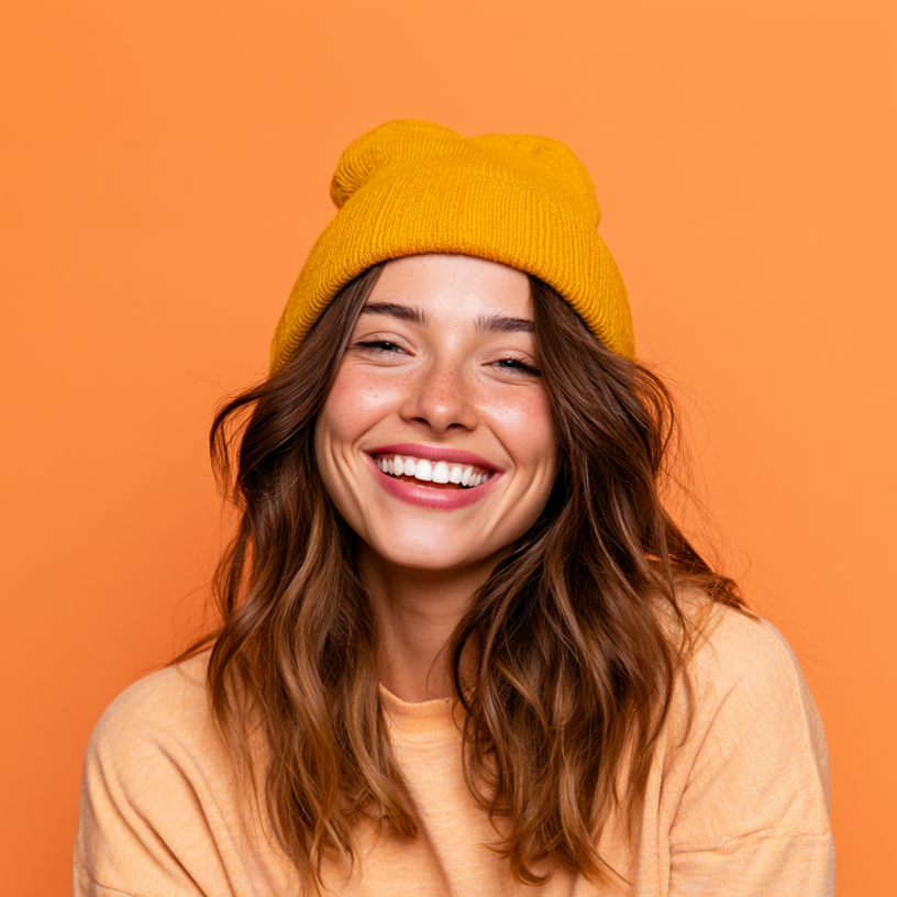 Smiling person in a mustard beanie and peach shirt against an orange background
