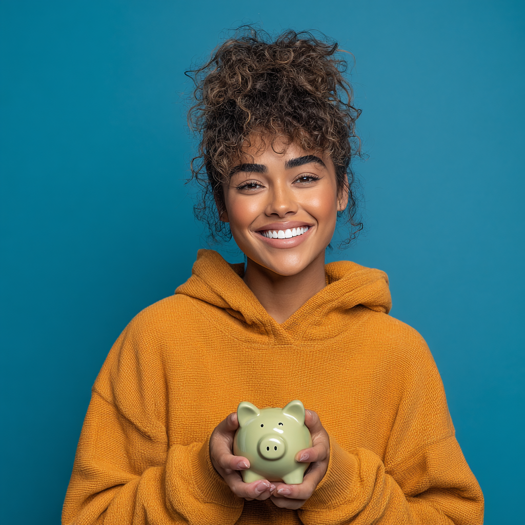 Woman holding a green piggy bank, smiling, wearing an orange hoodie, blue background.