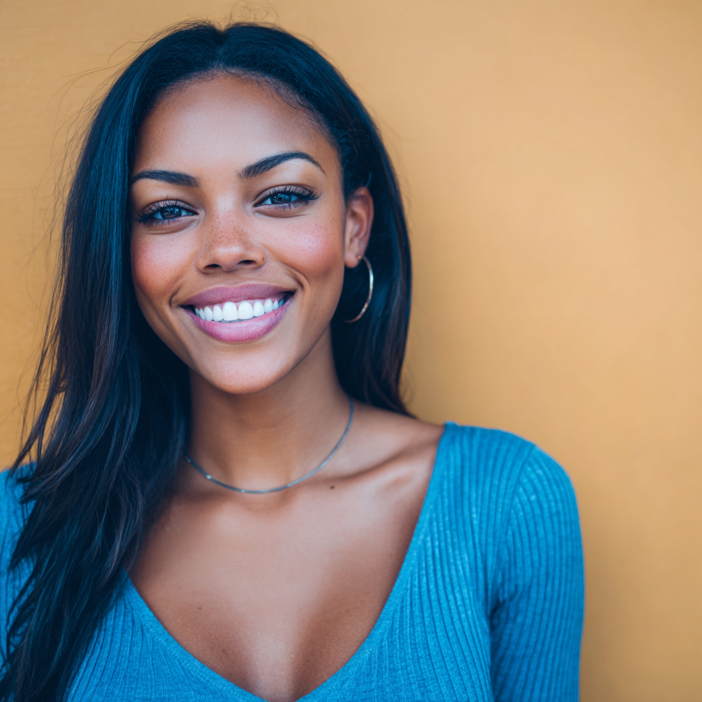 Smiling woman with dark hair and freckles in a blue top against an orange background.