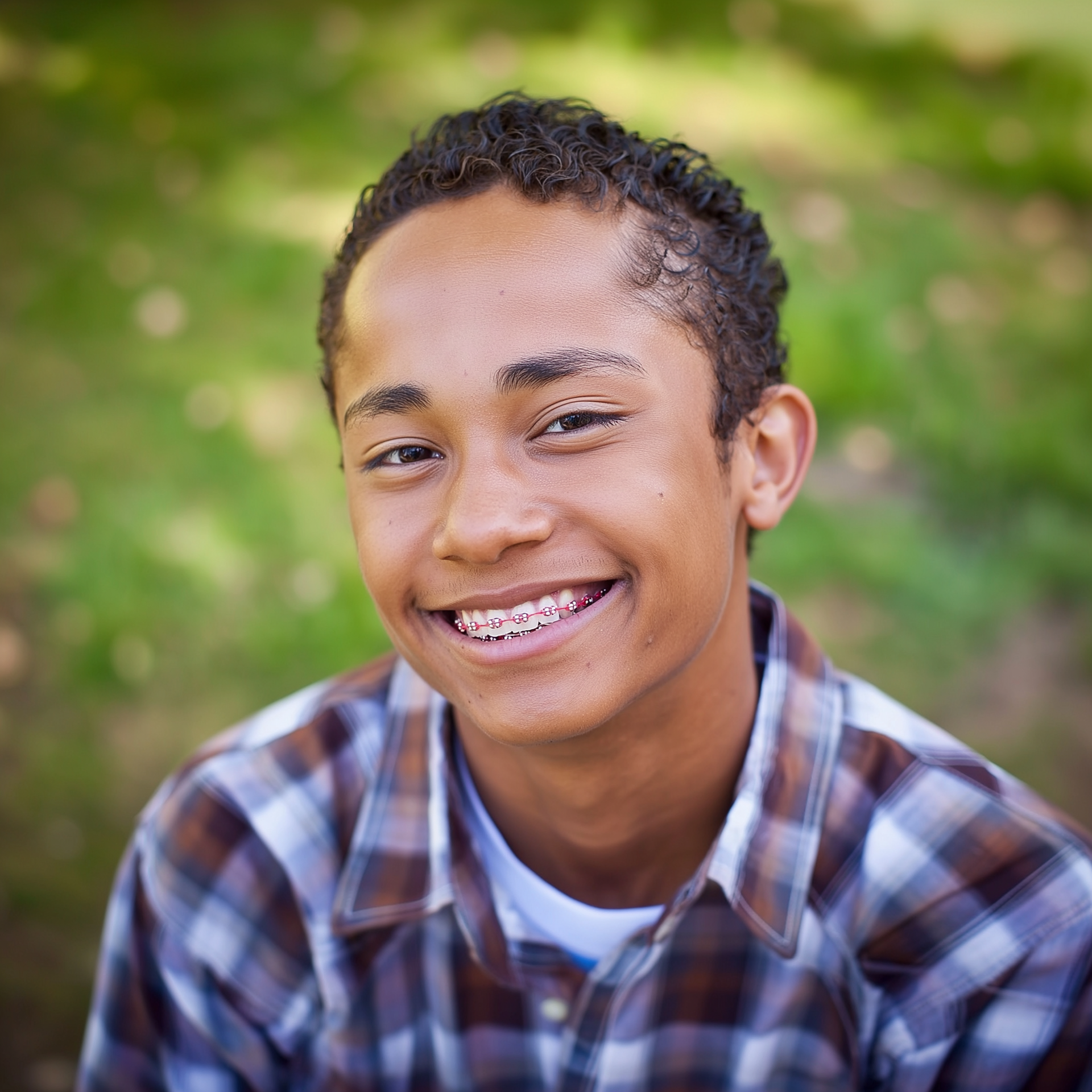 A smiling person with curly hair and braces wears a plaid shirt in a blurred outdoor park setting.