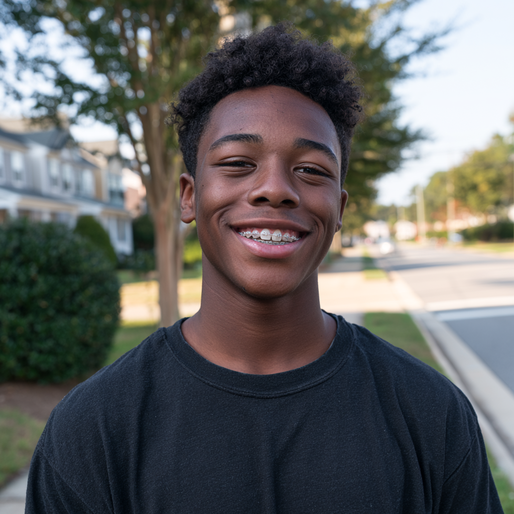 Smiling person in a black shirt standing on a suburban street with trees and houses behind them