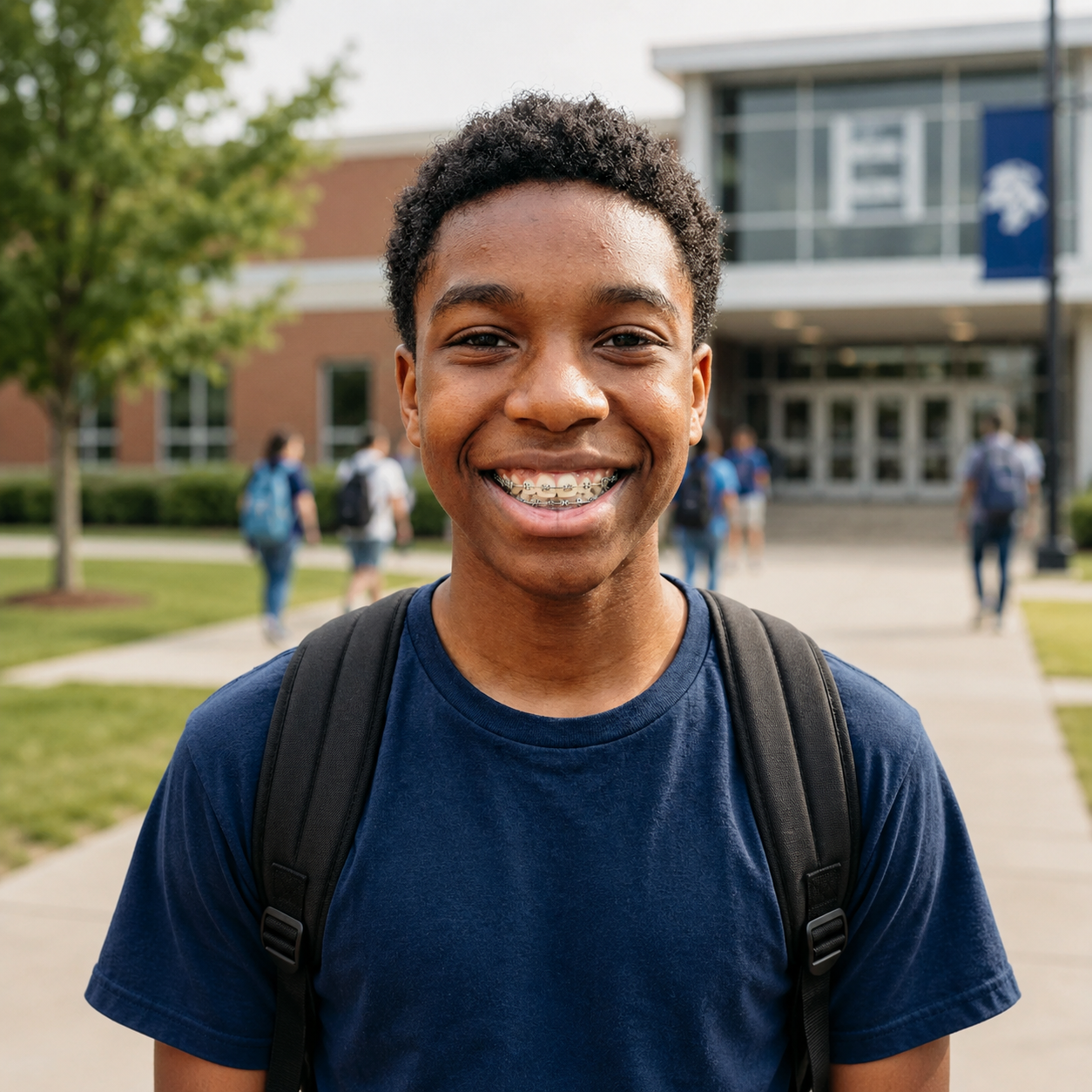 Smiling student with backpack standing outside a school building