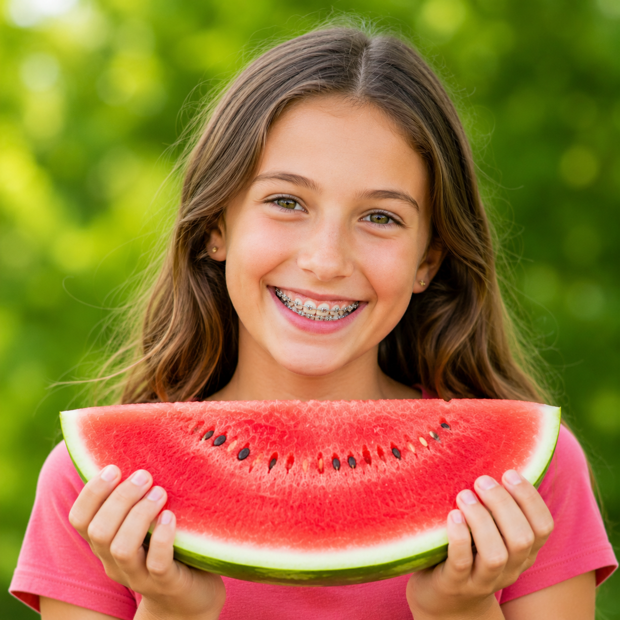 Smiling girl holding a slice of watermelon in a green outdoor setting