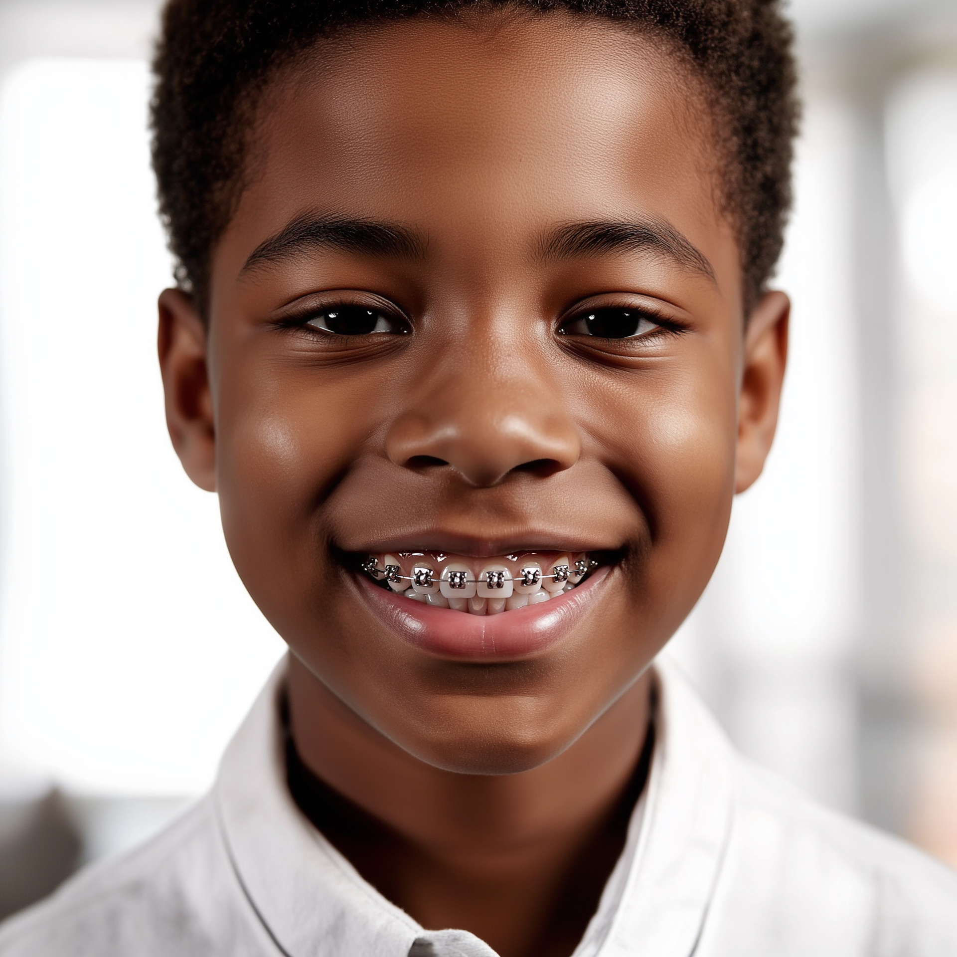 Close-up portrait of a smiling child with braces, wearing a white shirt against a blurred indoor background