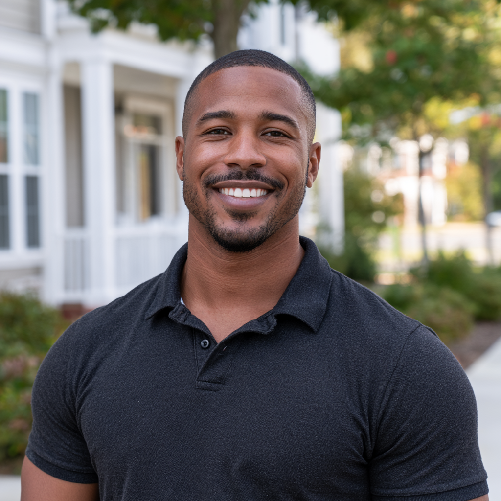 Smiling man in a dark polo shirt standing outdoors in front of a house