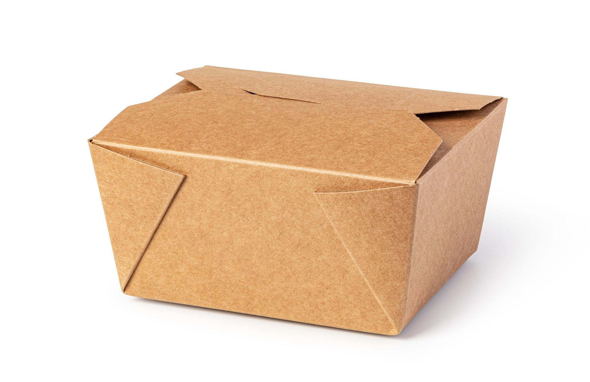 Brown cardboard takeout container, partially open, against a white background.