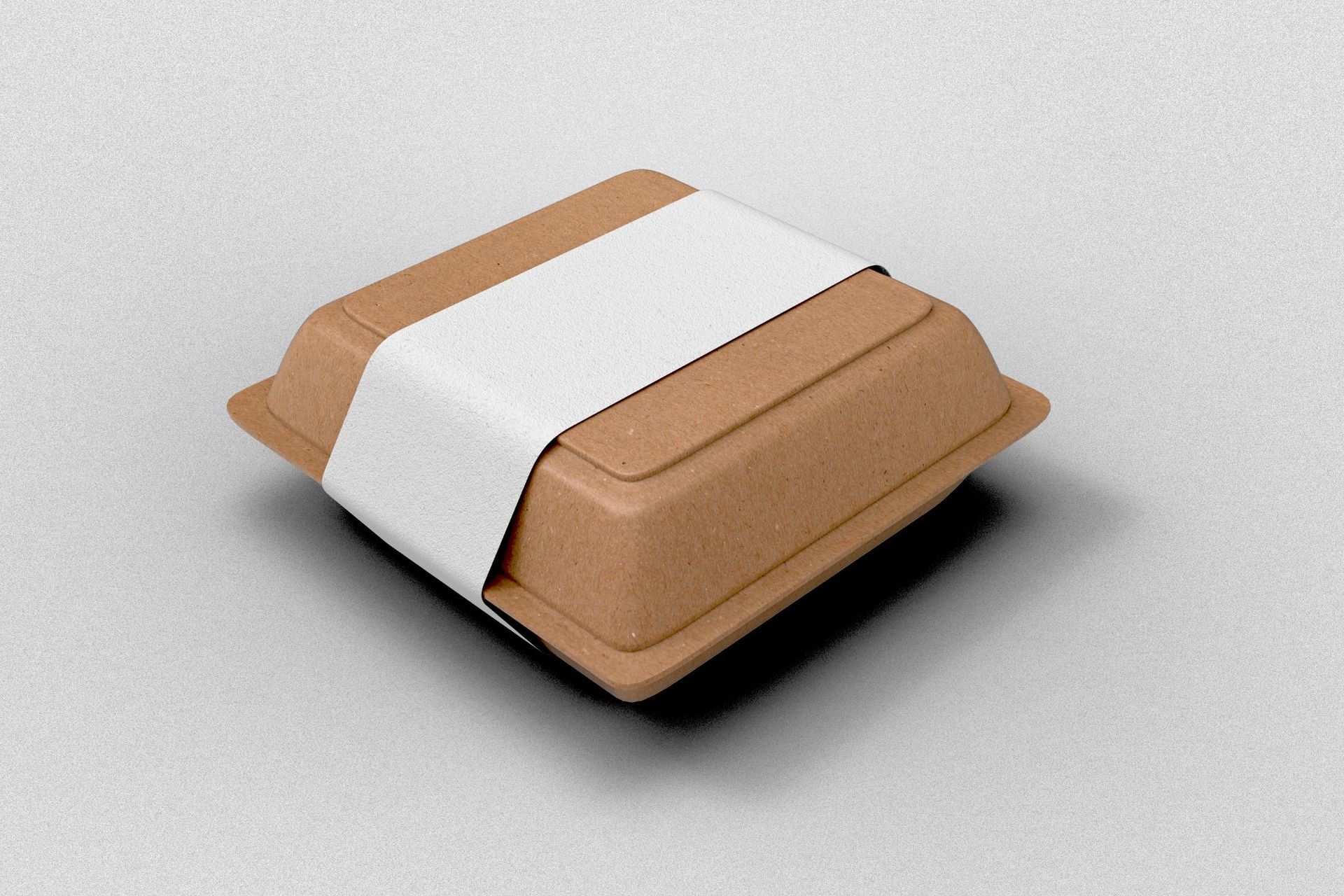 Brown food container with white label on a white background.
