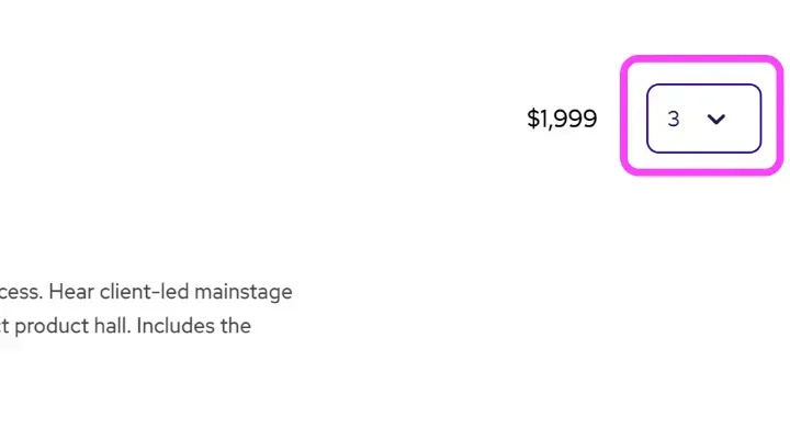 Product listing with $1,999 price and a quantity dropdown set to 3, highlighted in purple.