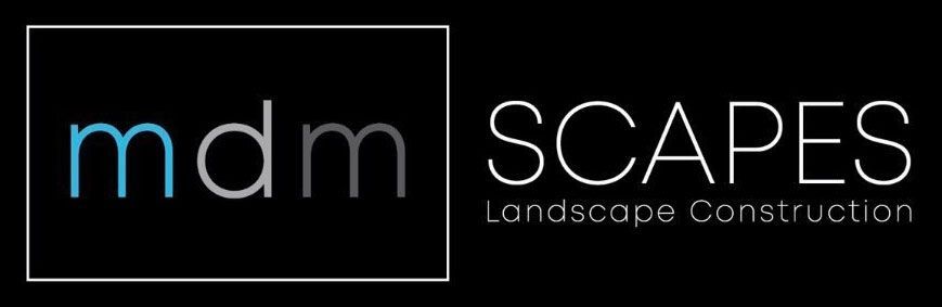 A logo for a company called mdm scapes landscape construction