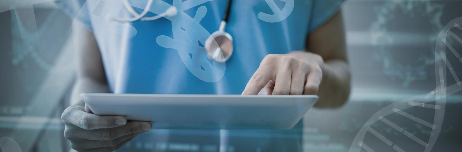 Doctor using a tablet with a medical interface overlay on a blue background