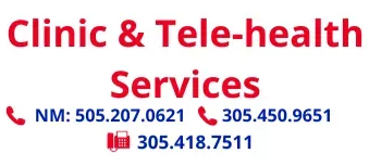 Clinic & Tele-health Services contact info with phone numbers on white background