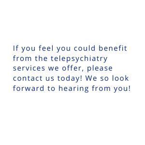Blue text on white background: telepsychiatry services invitation with contact prompt.