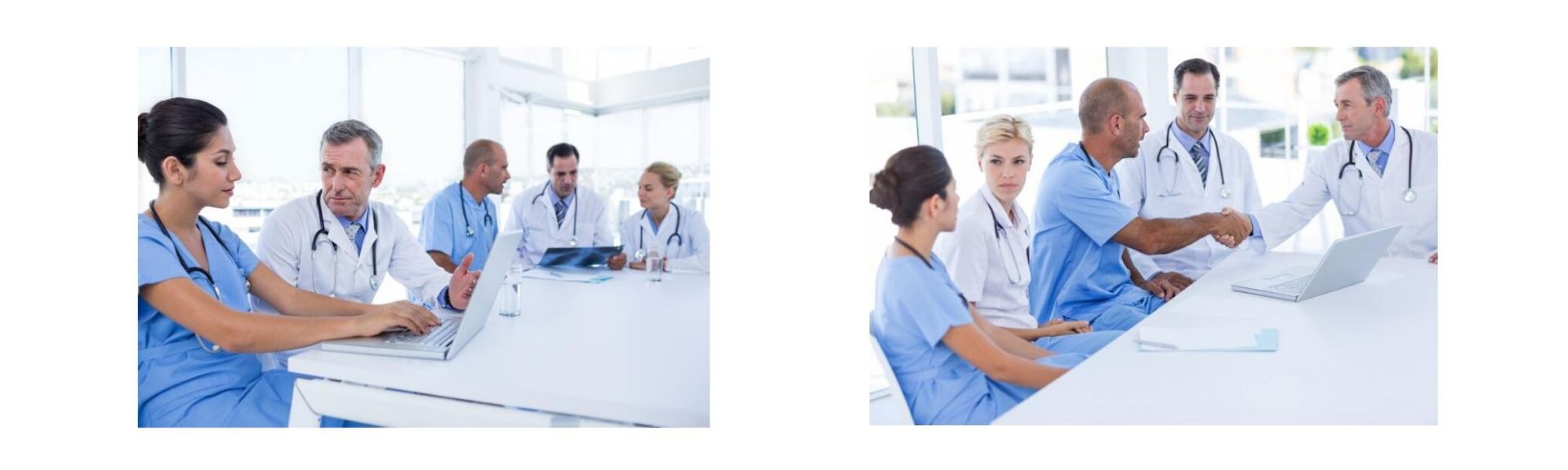 Medical team in blue scrubs discussing results around a white conference table in a bright office