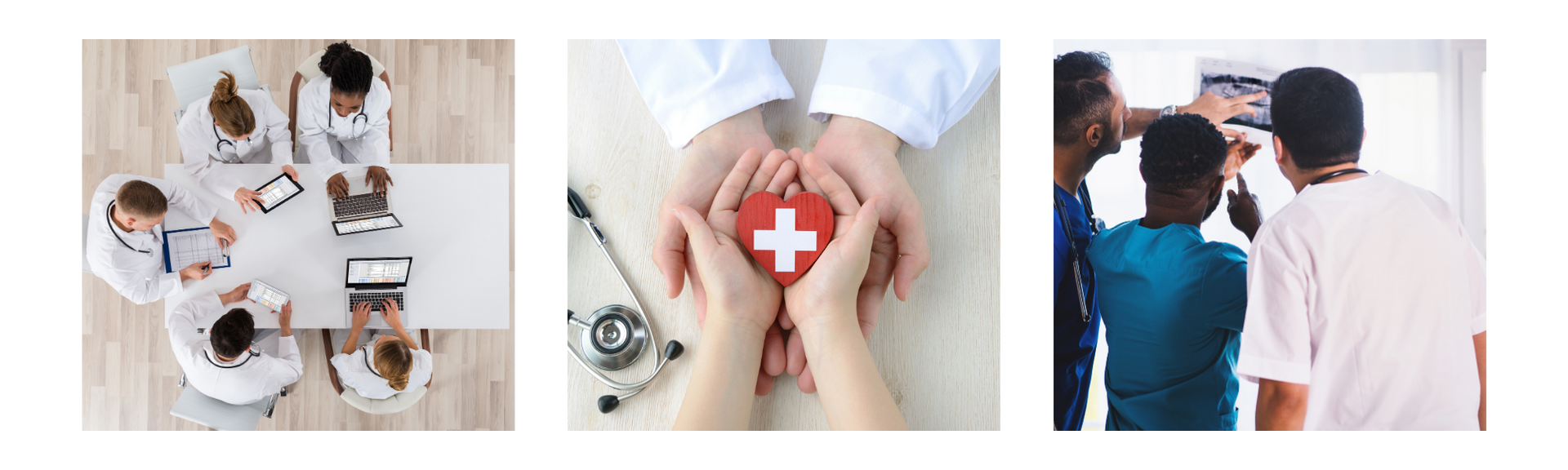 Collage of doctors in a meeting, hands holding a red medical cross, and a child at a checkup with a doctor