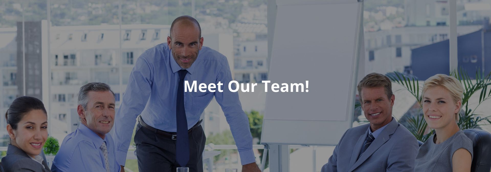 Team of five office workers in business attire outdoors, with “Meet Our Team!” text centered above them