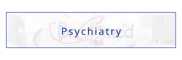 Blue “Psychiatry” text centered on a light background with a thin border