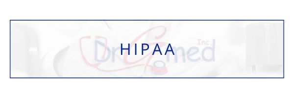 HIPAA text in blue on a white banner with a faint medical icon background