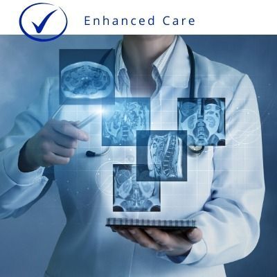 Doctor using a tablet with floating medical scans and “Enhanced Care” text