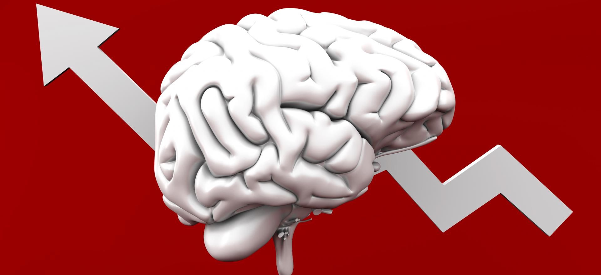 3D white brain on red background with a zigzag arrow rising left to right