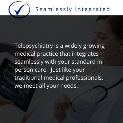 Telepsychiatry promo with doctor on tablet and text: “Seamlessly Integrated” and care description