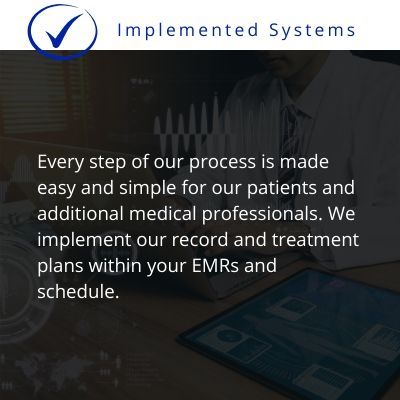 Implemented Systems promo with white text over dark medical interface background and logo.