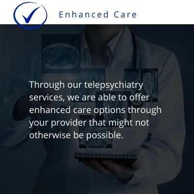 Enhanced Care telepsychiatry ad with doctor, tablet, and blue checkmark logo