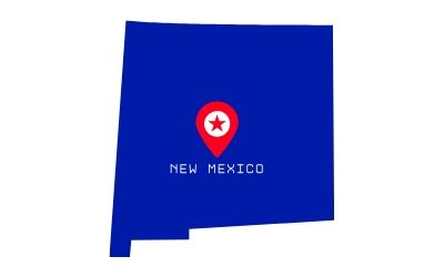 Blue New Mexico state flag with a red Zia symbol and white “New Mexico” text.