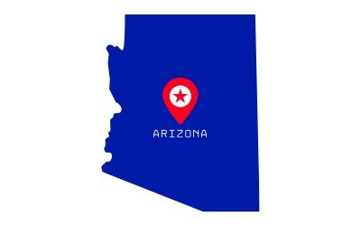 Blue Arizona state silhouette with a red location pin and the word “ARIZONA” inside.