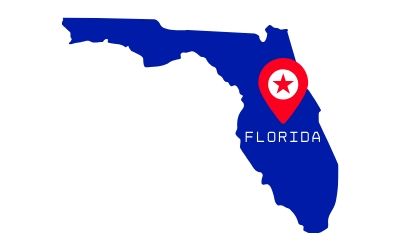 Florida map in blue with a red location pin and the word “FLORIDA” inside the state outline