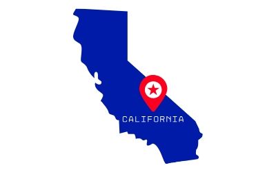 Blue silhouette map of California with a red location pin and the word “CALIFORNIA”