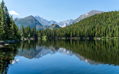 Mountain lake reflecting pine forest and rugged peaks under a clear blue sky