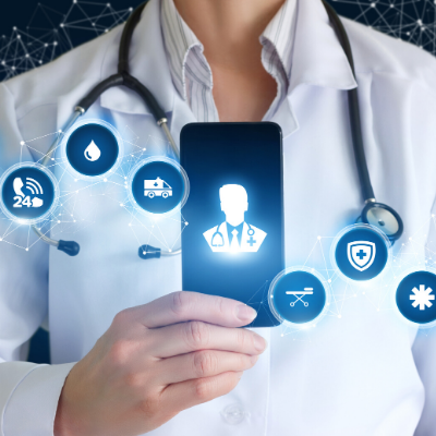Doctor holding smartphone with healthcare app icons floating around
