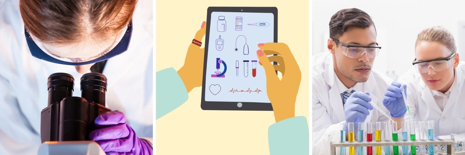 Microscope, tablet with medical chart, and scientists testing colorful lab samples