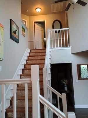 Interior staircase with carpeted steps, white railings, and hallway landing in a home