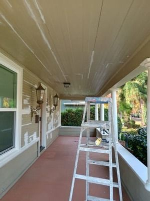 Painted porch with ladder under a beige ceiling, white railings, and greenery outside