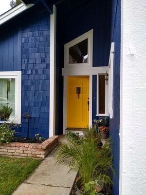 Blue house entrance with yellow door, front walkway, and small garden plants.