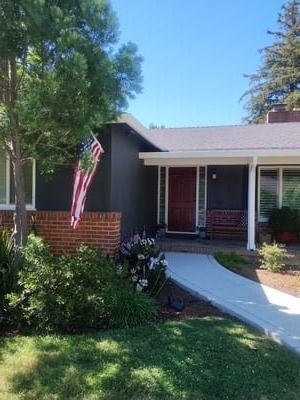 Front yard of a house with a red door, American flag, and curved walkway in bright sunlight