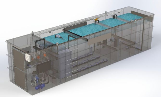 A computer generated image of a large container with a blue roof.