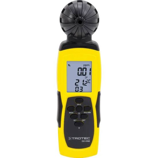 Anemometro digitale portatile giallo e nero con display e sensore di velocità.