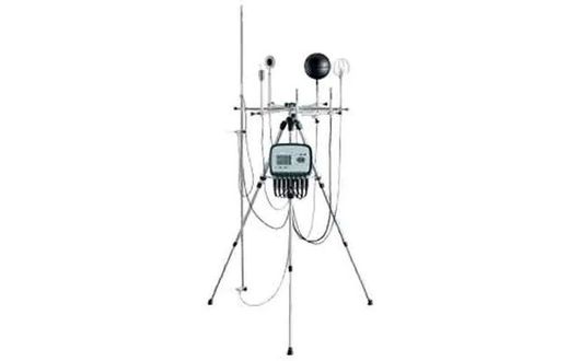 Anemometro digitale portatile giallo e nero con display e sensore di velocità.