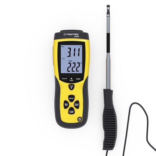 Anemometro digitale portatile giallo e nero con display e sensore di velocità.